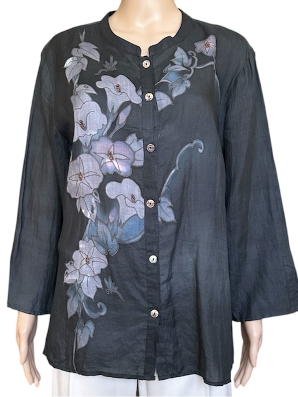Citron Santa Monica Black Floral Button-down Tunic Top Women's Size M/L